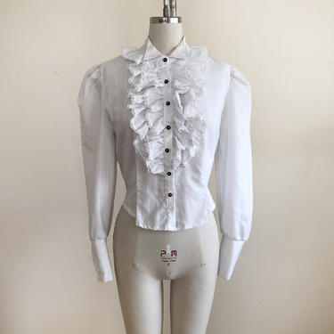 Cropped White Blouse with Ruffled Jabot Placket and Black Buttons - 1970s 