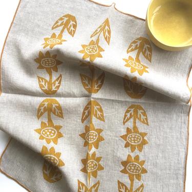 Sunflower linen kitchen towel, handprinted tea towel 