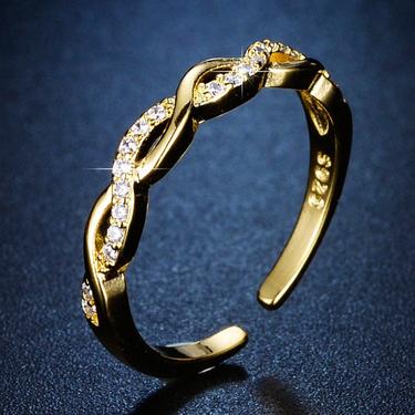 R028 gold twisted open ring, gold braided open ring, gold eternity ring, eternity band, infinity cz ring, infinity band, gift for her 