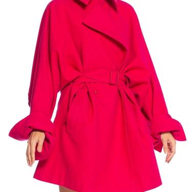 1980'S CLAUDE MONTANA Hot Pink Wool Oversized Trench Coat With Belt 
