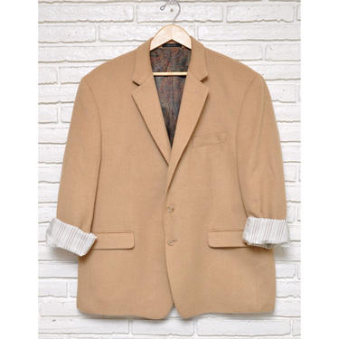 Vintage Lauren Ralph Lauren Beige Camel Hair Wool Blazer Oversized Menswear Blazer Suit Jacket Strong Shoulder XL 