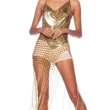 MORPHEW COLLECTION Gold Metal Mesh &amp; Beaded Chainlink Fringe Dress 