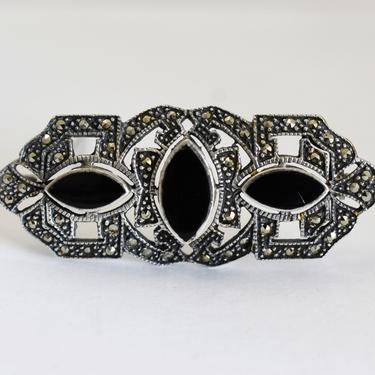 40's Art Deco geometric sterling onyx marcasite brooch, handsome 925 silver black stone pyrite architectural pin 
