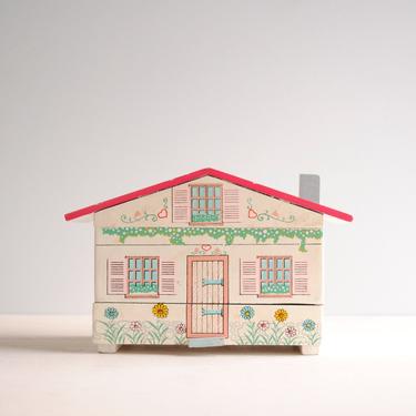 Vintage Jewelry Box in the Shape of a House, Wooden Painted Jewelry Box from Japan 