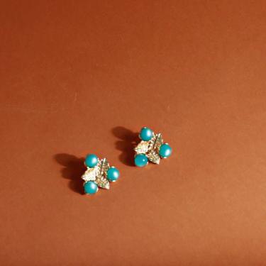 Vintage 80s Blue Pastel Romantic Bead Leaf Small Clip On Earrings 