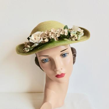 Vintage 1950's Chartreuse Green Straw Small Brimmed Hat Roses Flower Trim Spring Summer Garden Party Rockabilly 50's Millinery Patrice Model 