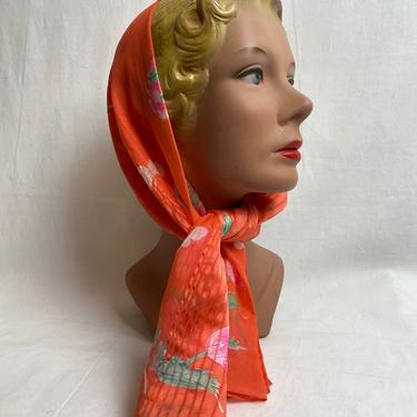 60’s 70’s Sheer 100% silk tangerine head scarf~ long rectangular floral print poppies & butterflies spring flowers 