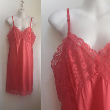 Vintage 1960's Vanity Fair HOT PINK Nylon Slip /  Sheer LACE Cups Bodice / Size 38 