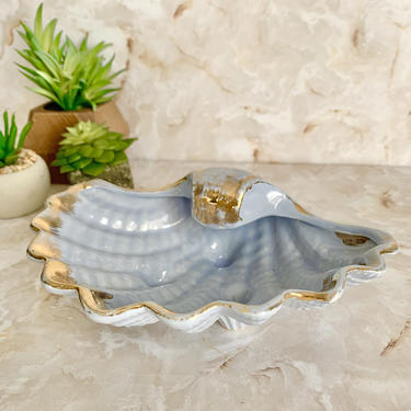 Mid Century Trinket Dish, Blue Gold Porcelain, Scallop Sea Shell, Bowl Dresser Dish, Mermaid, Ceramic, 50s 60s Vintage 