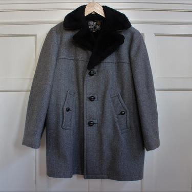 Vintage 70s Heather Gray Black Fur Collar Winter Coat Women's Size XS S 