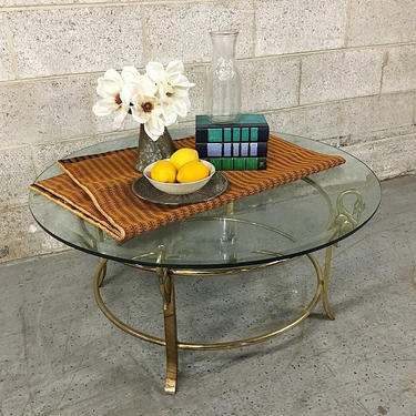 Vintage Gold Metal Coffee Table Retro Size Circular Glass Top with Brass Legs and Swan Details LOCAL PICKUP ONLY 