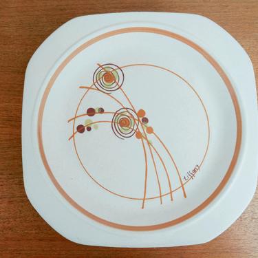 Midcentury Mod Tiffany Ceramiche Italy | (4) Dinner Plates | Ceramic Modern Flower Flora Fiore | Orange Green Brown 