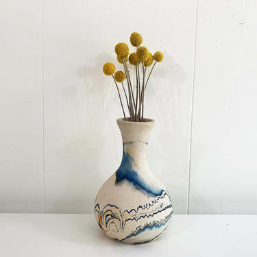 Vintage Nemadji Art Pottery 6.5 Inch Vase Swirl Handmade USA Flower Bud Beige Blue Swirl Vanity Ruby Falls Tennessee MCM 1980s 80s 1983 