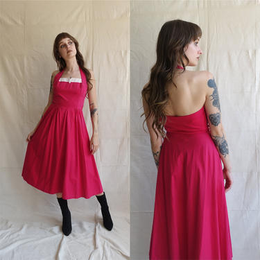 Vintage 50s Fuchsia Cotton Halter Dress/ 1950s Pink and White Square Neck Circle Skirt Dress/ Size XS 25 
