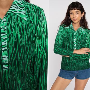 70s Boho Shirt Green Grass Print Boho Top Novelty Blouse Button Up Disco Hippie 1970s Vintage Long Sleeve Medium 