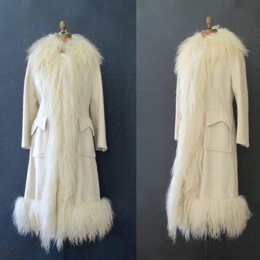 THE BIG CHILL Vintage 70s Coat | 1970s Cream Wool Maxi w/ Long Shearling Goat Fur by Teddy Made in Iceland | Glam Boho, Hippie Chic | Medium 