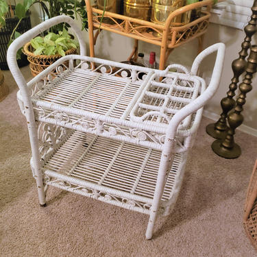 Vintage Rattan Peacock Style Bar Cart | MCM White Kitchen Serving Cart with Drink Caddy | Boho Rolling Cart Swirls & Curly Qs 