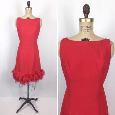 Vintage 60s dress | Vintage red sheath feather cocktail dress | 1960s Sophisticated Miss party dress 