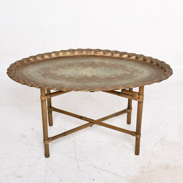Scalloped Indian Brass &amp; Bamboo Coffee Table Hollywood Regency Baker USA 1960s 