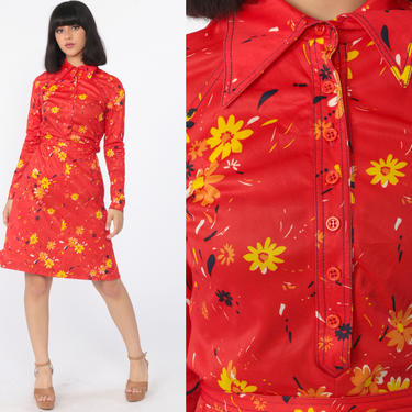 Mod Shift Dress 70s Mini Red Floral Print Belted Button Up Hippie Knee Length 1970s Twiggy Long Sleeve Collar Poly Small 
