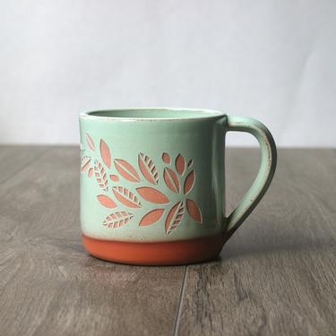 Tea Leaves Plant Mug - Pistachio Green Farmhouse style sgraffito wheel-thrown ceramic pottery 