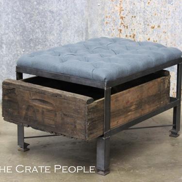 French Blue Tufted Ottoman in Belgian Linen -- Custom Crate Furniture with Vintage Wood Crates 