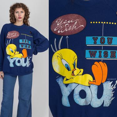 90s Tweety Bird &quot;You Wish&quot; Sweatshirt - XXL | Vintage Navy Blue Raglan Sleeve Looney Tunes Slouchy Cartoon Pullover 