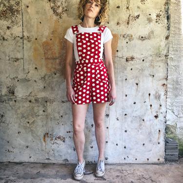 1970s Red and White Polka Dot Sailor Overalls Shorts Playsuit XS Small 