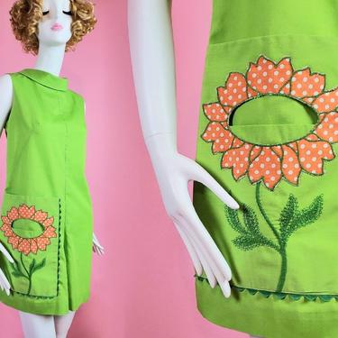 Vintage 60s/70s mod romper. Kermit green with a polka dot daisy. Lisa Smock by Lisanne. (Size L) 