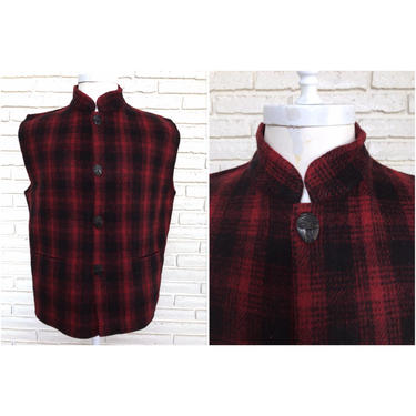 Vintage Men's Red and Black Plaid Vest with Straight Collar African Mask Buttons 