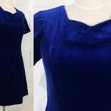 Vintage Navy Blue Velvet Dress Short Cap Sleeve Boho Party Cocktail Sweetheart Neckline Therese Cotton Evening Prom Wedding Small 