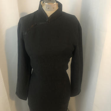 Vintage black silk Cheongsam Evening Gown with Satin trim M 