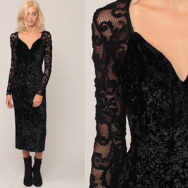 Velvet Lace Dress 90s Black Velvet SHEER LACE MESH Party Vamp Bodycon Cut Out 1990s Sheath Long Sleeve Cocktail Goth Vintage Extra Small xs 