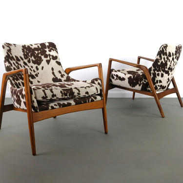 24 HOUR HOLD - Faux Cowhide Authentic Mid Century Modern Lounge Chairs in the Manner of Ib Kofod Larsen 