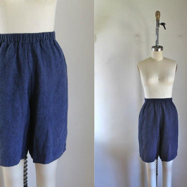 Vintage 1990s Flax Linen Indigo Shorts / S/M 