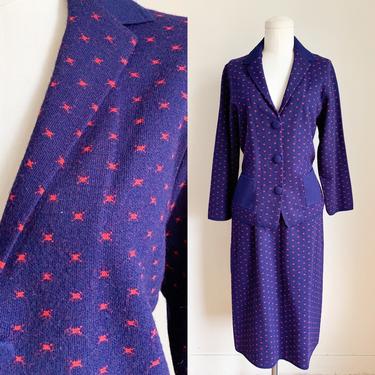 Vintage 1970s Navy & Red Knit Suit / XS-S 
