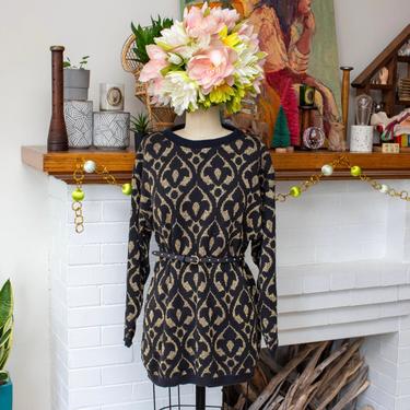 Vintage 1980s Pierre Cardin Gold & Black Sweater - Metallic Floral Pattern Sweater - S/M 