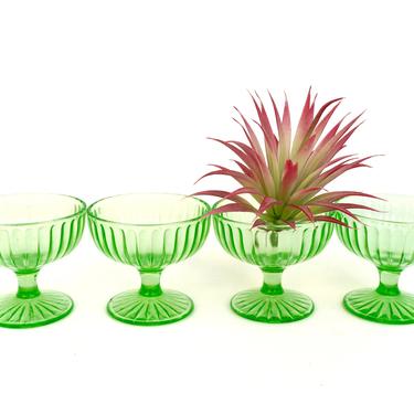 Set of 4 Vintage Green Vaseline Glass Champagne Coupes | Old Hollywood Glam Stemmed Barware | Sorbet Cups | Colored Glass 