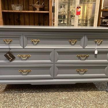 Gray painted 7 drawer dresser from Thomasville.  58.5” x 19” x 31.5”