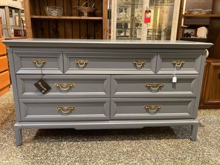 Gray painted 7 drawer dresser from Thomasville.  58.5” x 19” x 31.5”