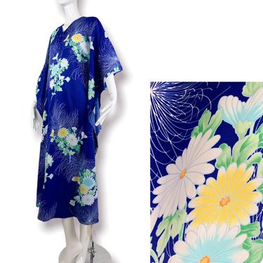 70s Royal Blue Kaftan with White Daisies / Tropical Vacation Dress / size M/L 