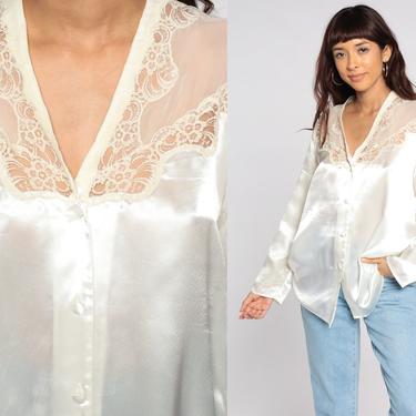 Victoria's Secret Pajama Top White Satin Pajamas Lace Lingerie Pajama Shirt 90s Pajamas Top Button Up Sleep Shirt Vintage 1990s Medium 
