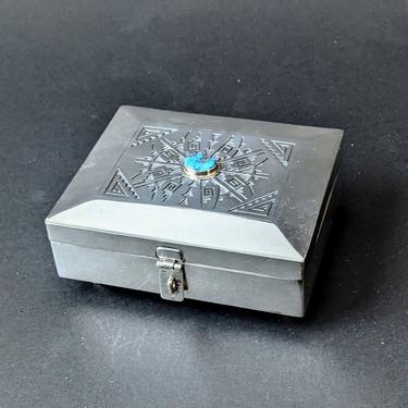 HOPI BOX Silver Gary YOYOKIE Elsie rare 5x4x2 Traditional Design Silver Overlay Technique Turquoise Cabochon Hinge Lid Footed Signed ExCond 
