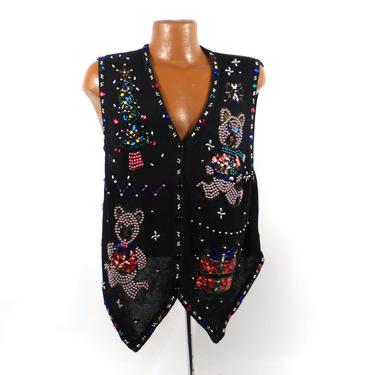 Ugly Christmas Sweater Vintage Cardigan Vest L Bears Beaded Tacky Holiday Women's size L 