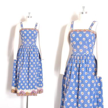Vintage 1980s Dress / 80s Provencal Floral Cotton Sundress / Blue ( XS extra small ) 