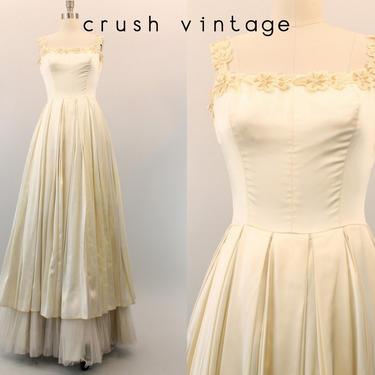 1950s satin wedding dress xxs | beaded bridal gown 