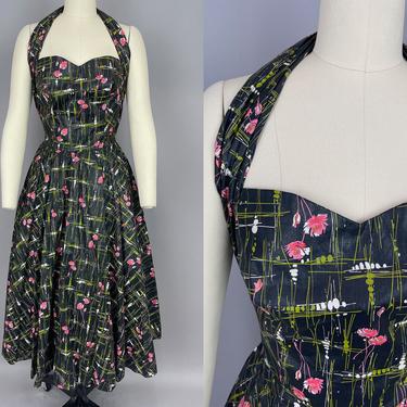 1950s Floral Print Halter Dress | Vintage 50s 'Jerry Gilden' Polished Cotton Full Skirt Dress | small / medium 