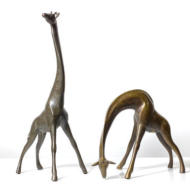 21&amp;quot; Pair Vintage Bronze Brass Figural Giraffe Sculptures 1970s 