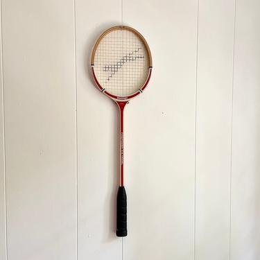Vintage Slazenger Firepower O.S. Model Squash Racket with Leather Handle, Red and White, Taiwan, Wall Decor Sports Bar Game Room, 