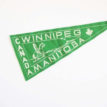 Vintage Canada Felt Pennant - 1960s Winnipeg Manitoba Green Flag - Small Triangle Flag Vintage - Housewarming Gift - Maple Leaf 
